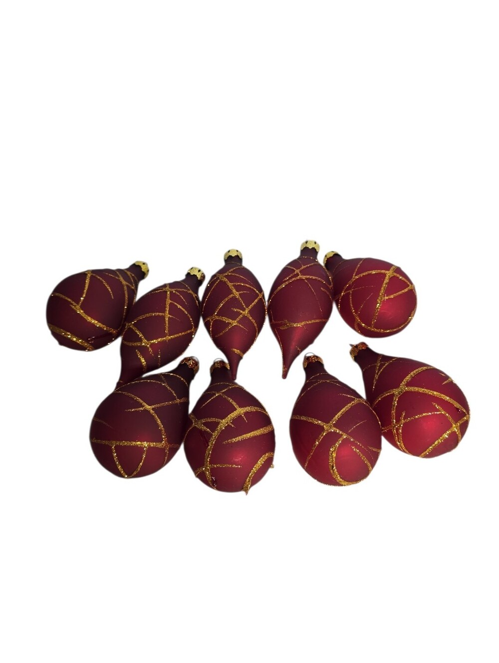 Lot of 9 Glass Burgundy with Gold Glitter Accents Teardrop Christmas Ornaments